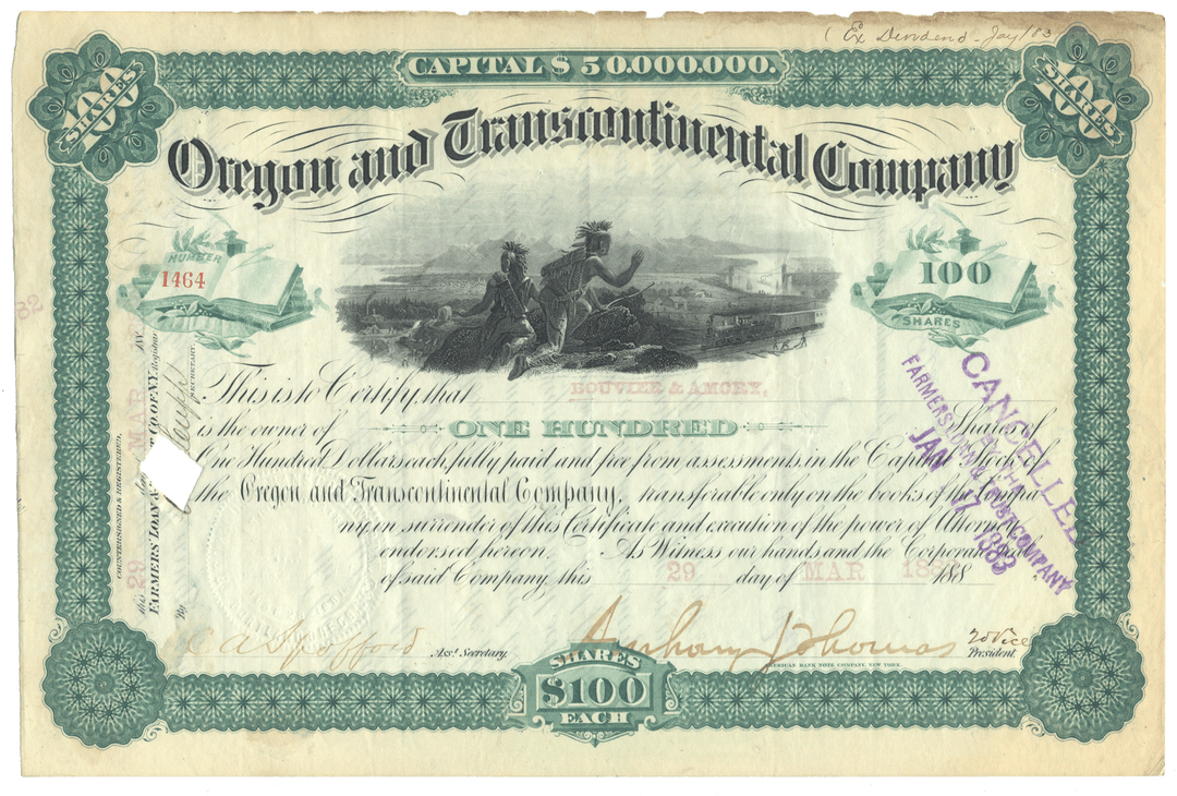 Vintage stock certificate for the Oregon and Transcontinental Company with decorative elements and text.