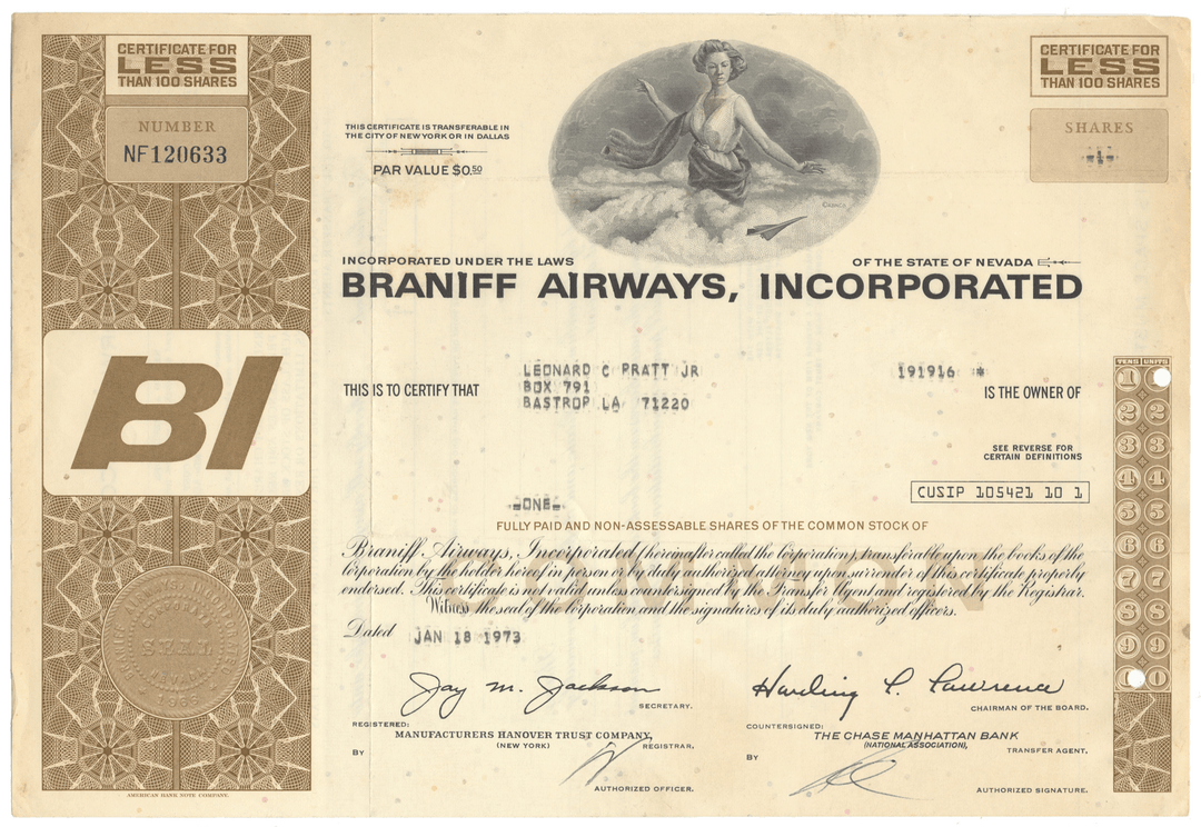 Braniff Airways, Incorporated Stock Certificate