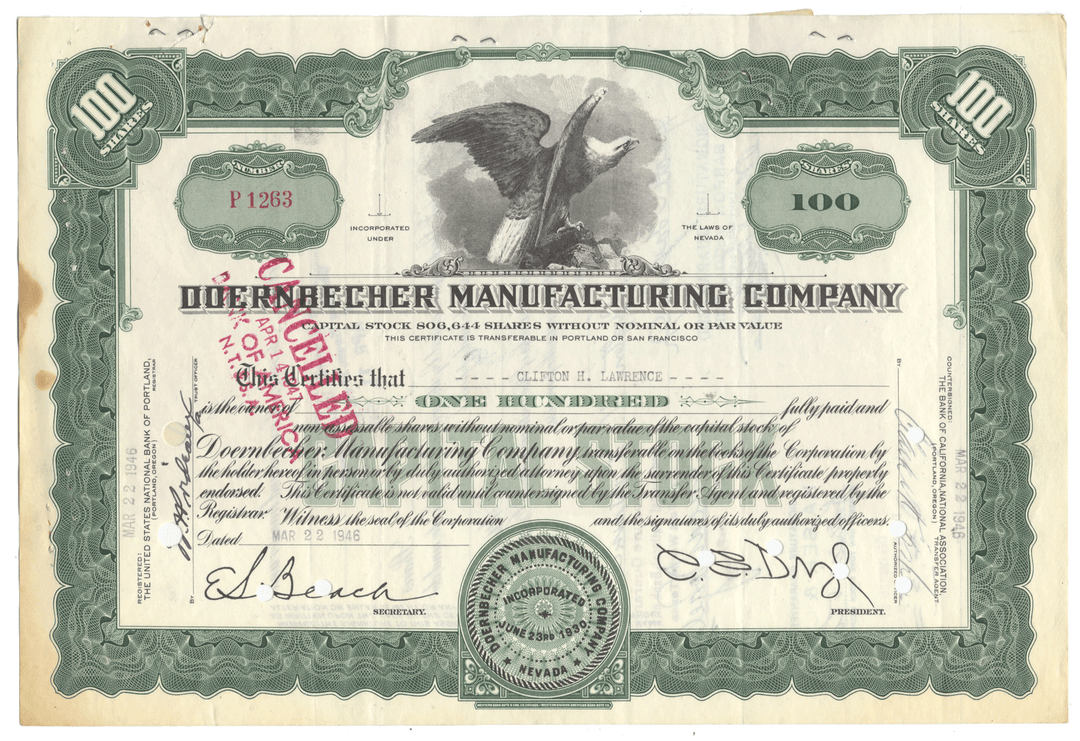 Stock certificate of the Doernbacher Manufacturing Company with a green border and text.