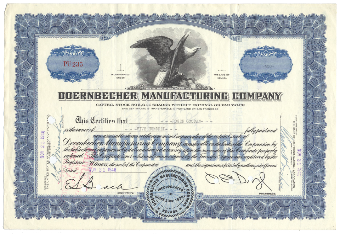 Doernbecher Manufacturing Company Stock Certificate