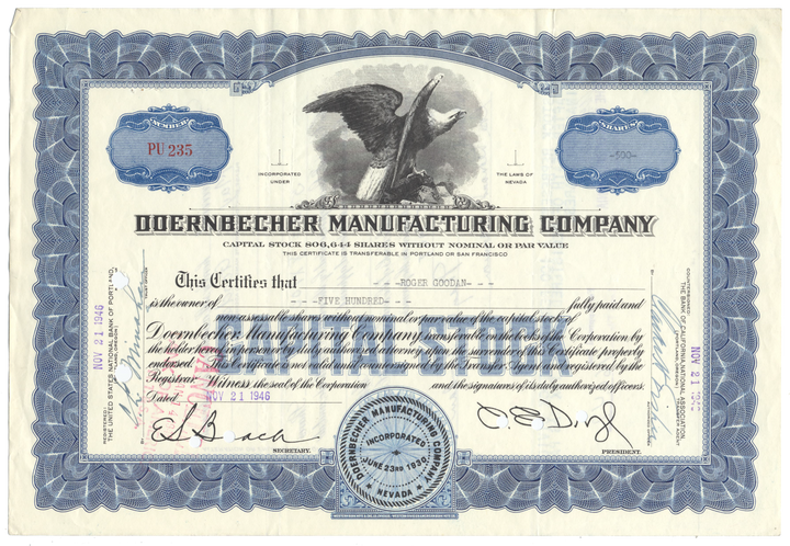 Doernbecher Manufacturing Company Stock Certificate