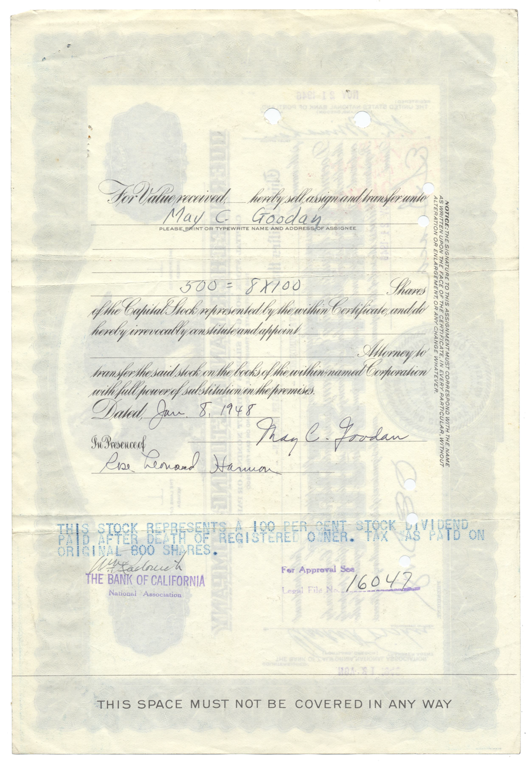 Doernbecher Manufacturing Company Stock Certificate