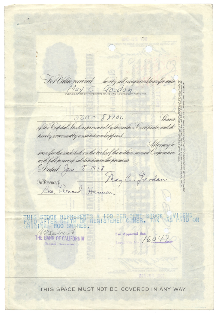 Doernbecher Manufacturing Company Stock Certificate