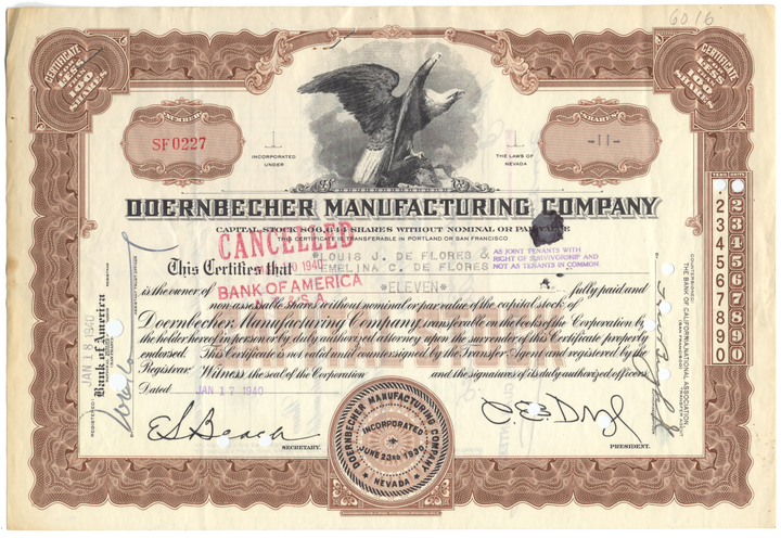 Doernbecher Manufacturing Company Stock Certificate