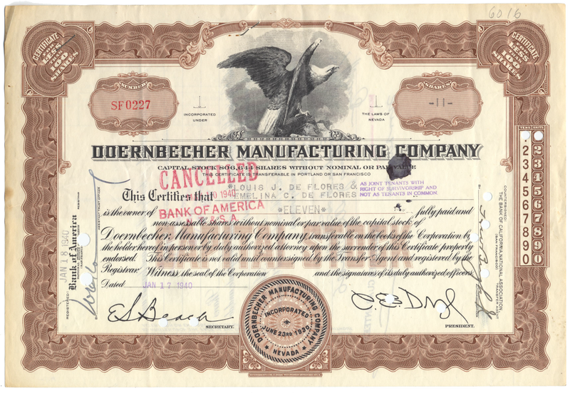 Doernbecher Manufacturing Company Stock Certificate