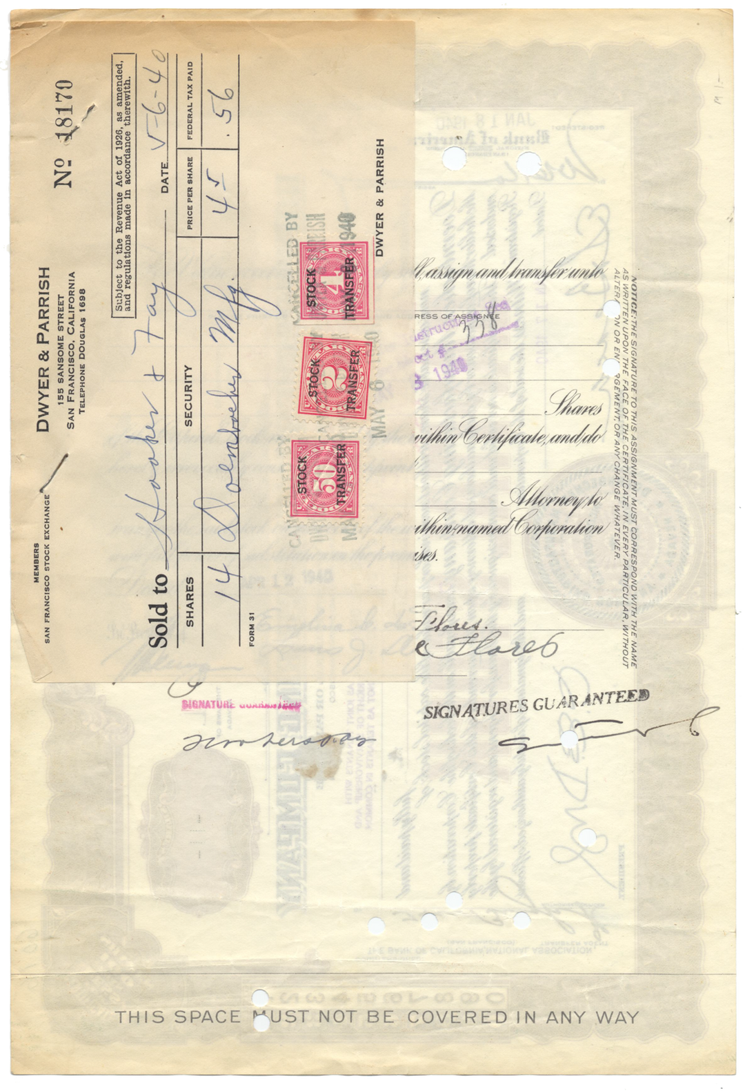 Doernbecher Manufacturing Company Stock Certificate