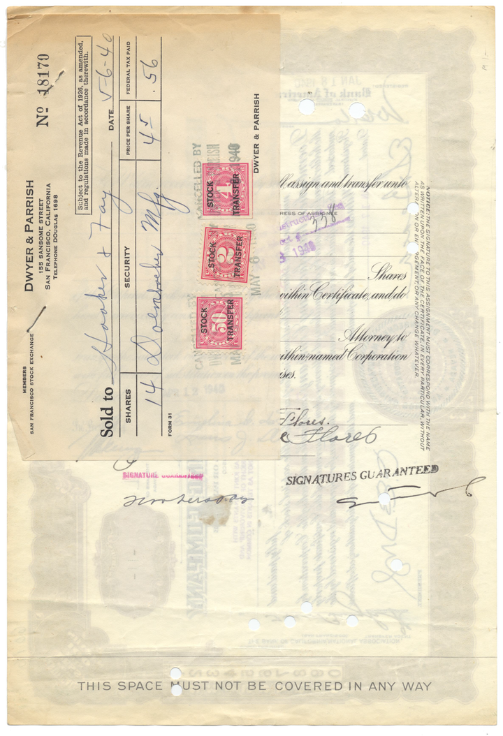 Doernbecher Manufacturing Company Stock Certificate