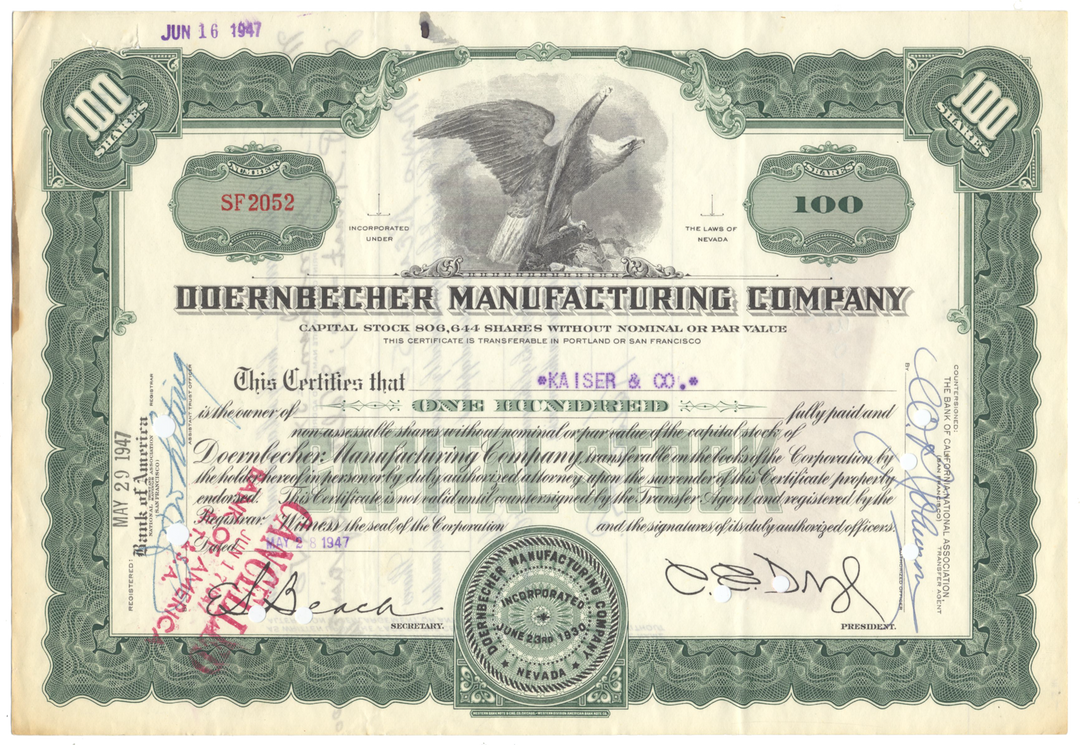 Doernbecher Manufacturing Company Stock Certificate