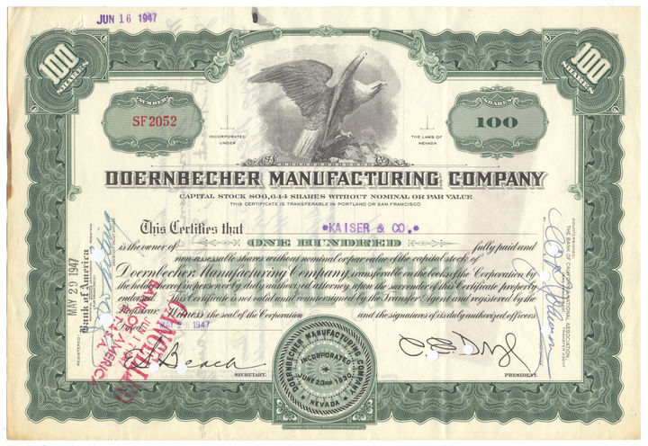 Doernbecher Manufacturing Company Stock Certificate