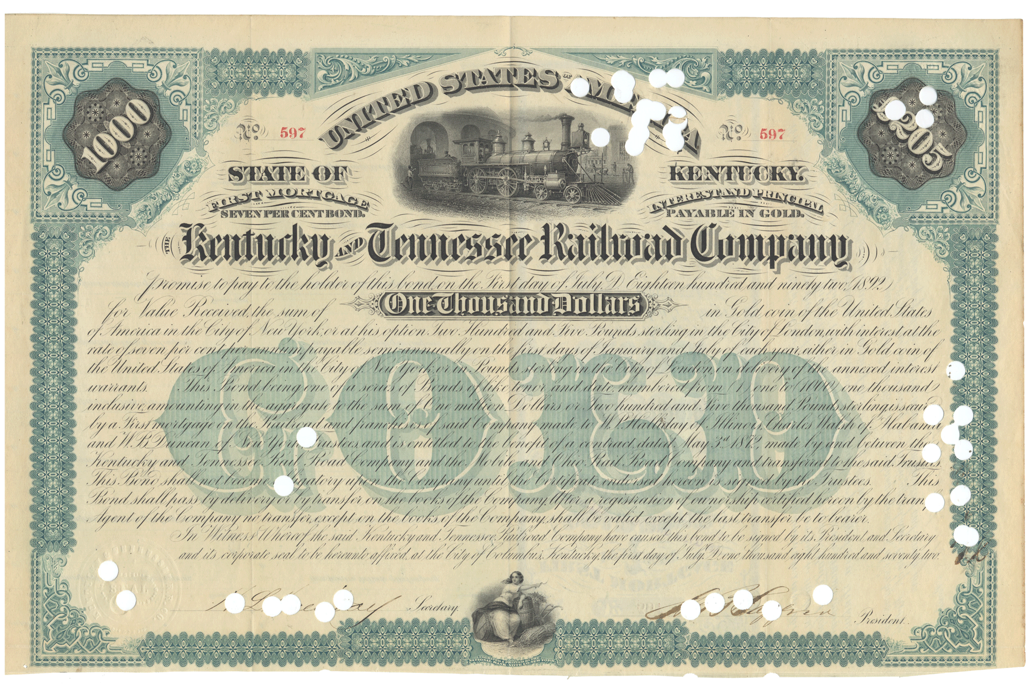 Historical bond certificate from the Kentucky & Tennessee Railroad Company from 1872