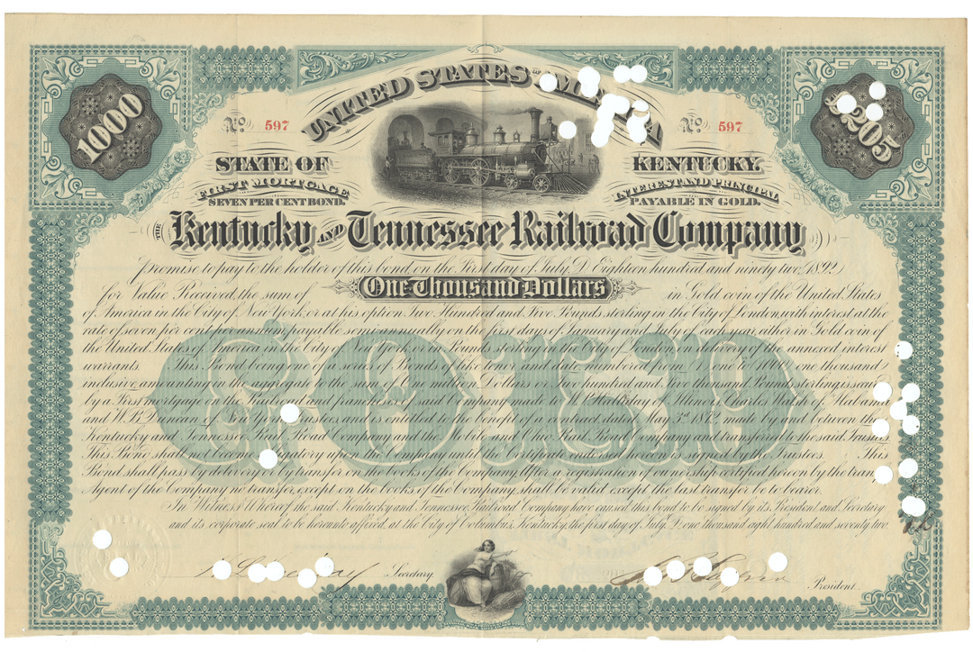 Historical bond certificate from the Kentucky & Tennessee Railroad Company from 1872