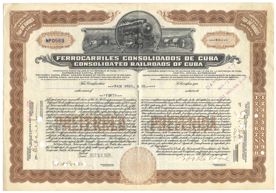 Consolidated Railroads of Cuba Stock Certificate