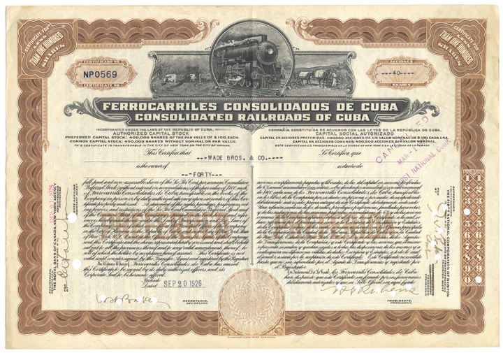 Consolidated Railroads of Cuba Stock Certificate