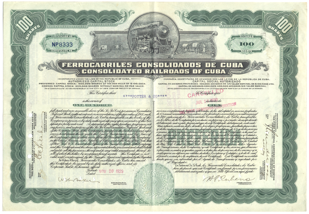 Consolidated Railroads of Cuba Stock Certificate