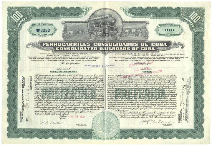 Consolidated Railroads of Cuba Stock Certificate