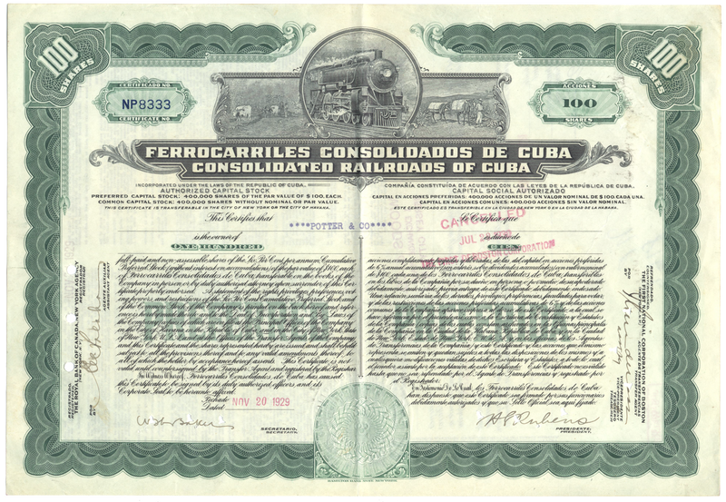 Consolidated Railroads of Cuba Stock Certificate