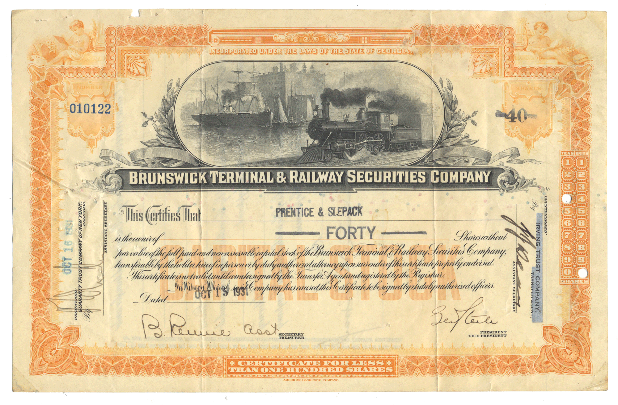 Vintage stock certificate for Brunswick Terminal & Railway Securities Company with a steam locomotive illustration.