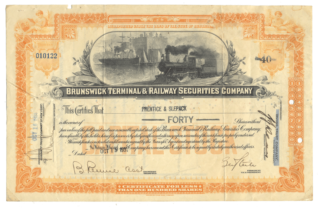 Vintage stock certificate for Brunswick Terminal & Railway Securities Company with a steam locomotive illustration.