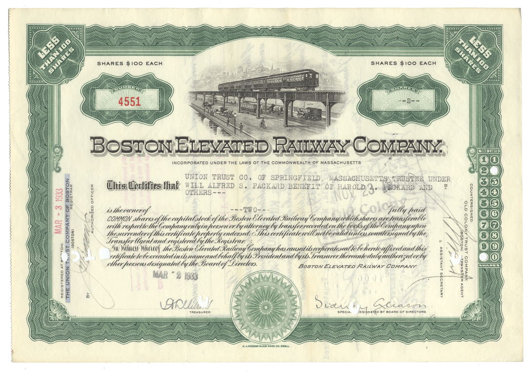 Stock certificate of the Boston Elevated Railway Company with train illustration from 1933