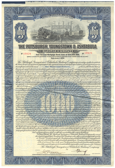Pittsburgh, Youngstown & Ashtabula Railway Company Bond Certificate