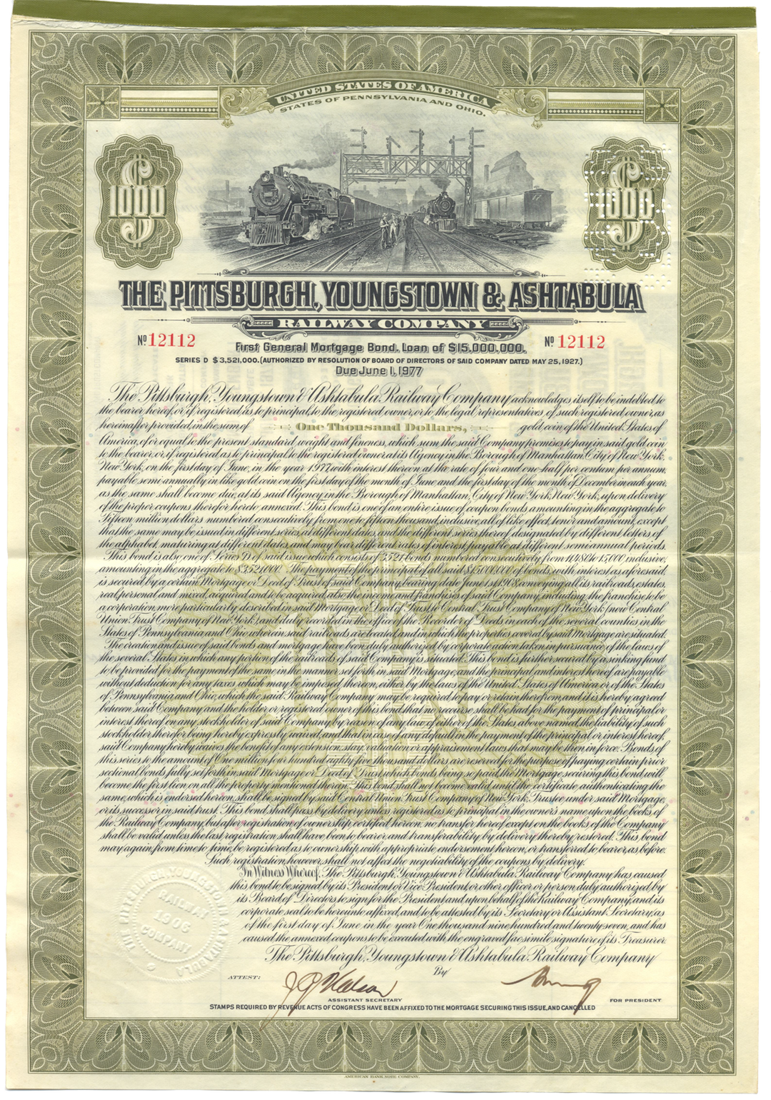 Pittsburgh, Youngstown & Ashtabula Railway Company Bond Certificate