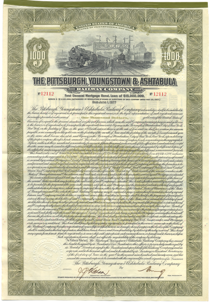 Pittsburgh, Youngstown & Ashtabula Railway Company Bond Certificate