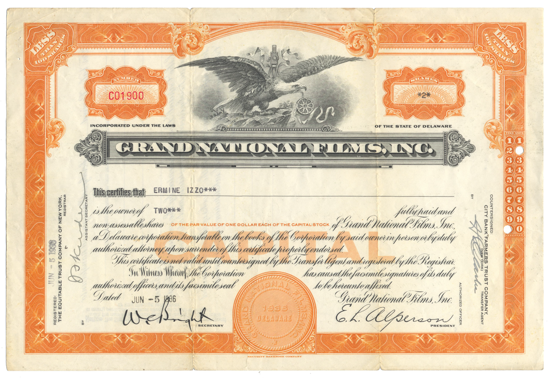 Grand National Films, Inc. Stock Certificate