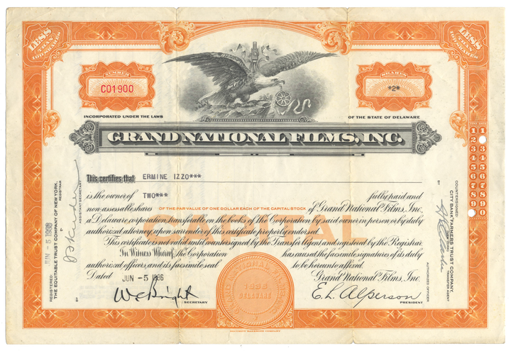 Grand National Films, Inc. Stock Certificate