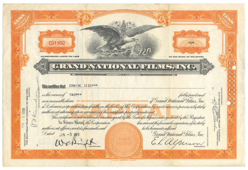 Grand National Films, Inc. Stock Certificate