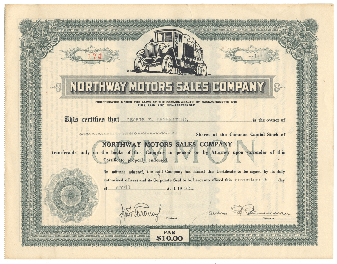 Vintage stock certificate for Northway Motors Sales Company with an illustration of a truck.