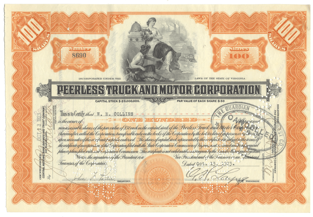 Vintage stock certificate of Peerless Truck and Motor Corporation with decorative elements and text.
