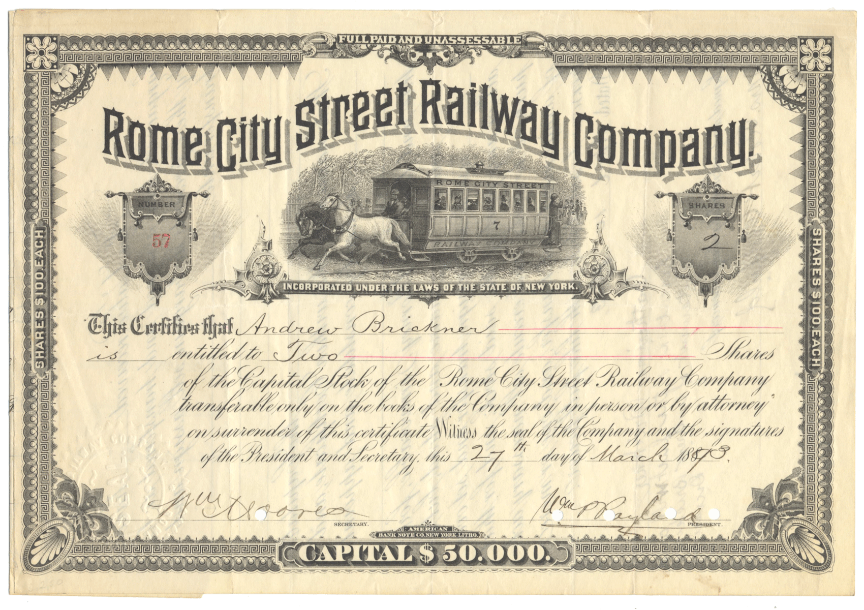 Rome City Street Railway Company Stock Certificate