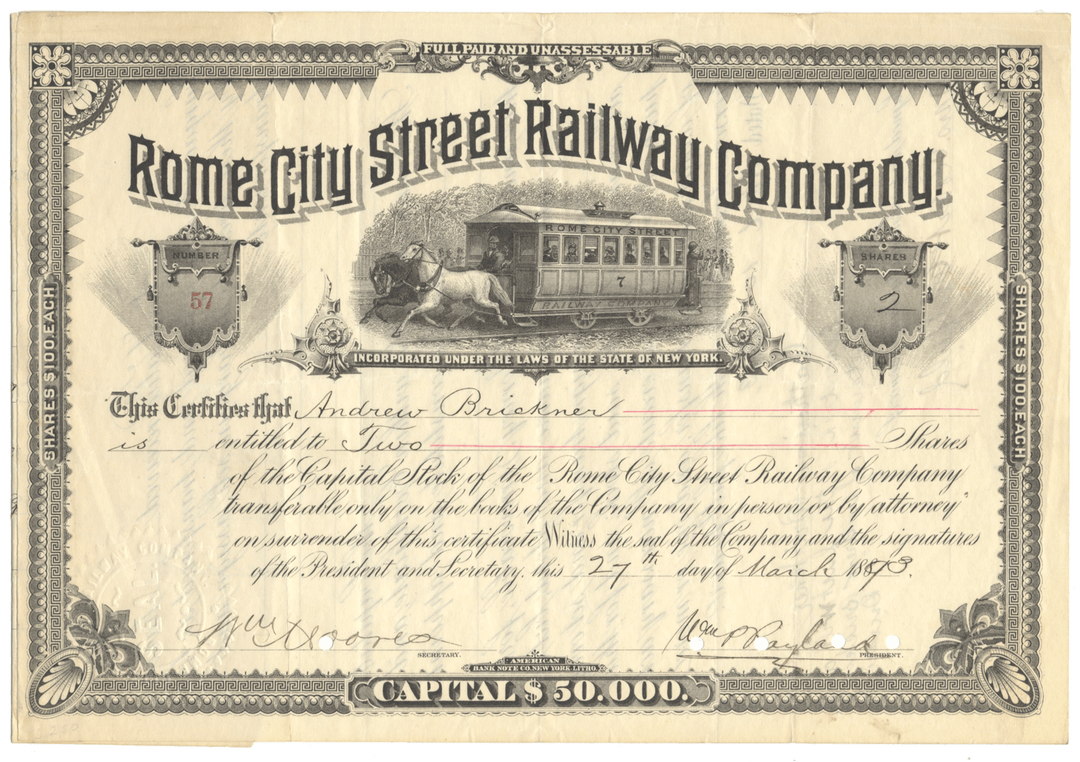 Rome City Street Railway Company Stock Certificate