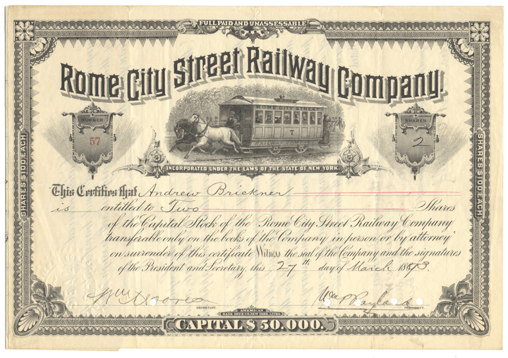 Rome City Street Railway Company Stock Certificate