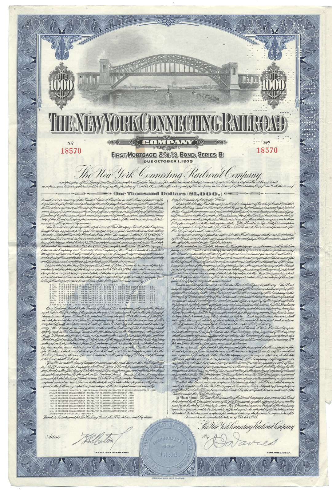 Historical bond certificate of The New York Connecting Railroad Company from 1945