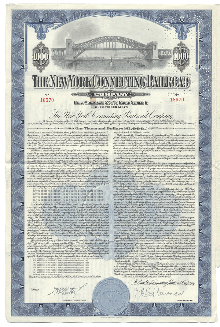 Historical bond certificate of The New York Connecting Railroad Company from 1945