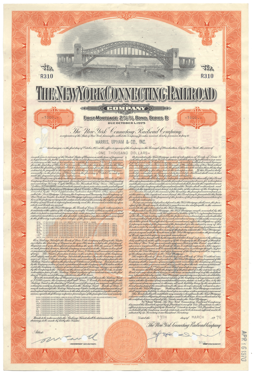 Historical bond certificate of The New York Connecting Railroad Company with bridge illustration from 1970