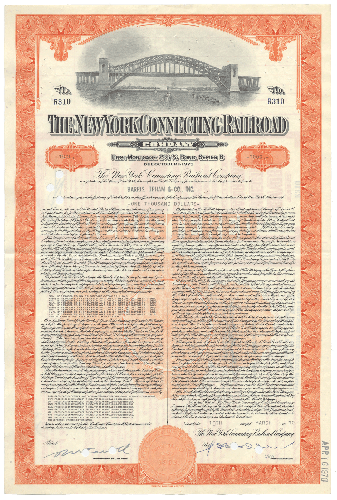 Historical bond certificate of The New York Connecting Railroad Company with bridge illustration from 1970