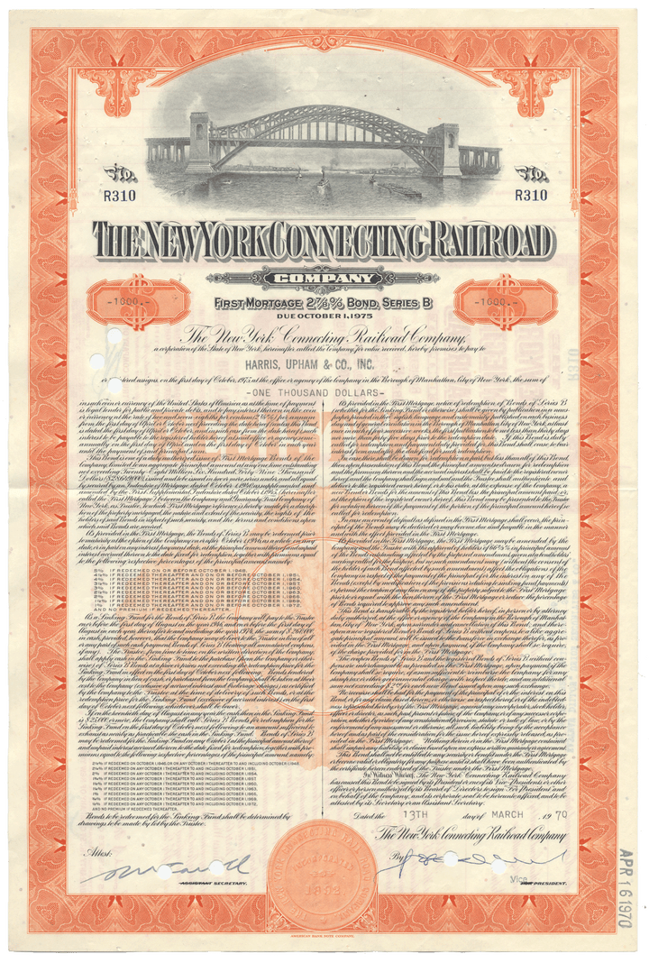 Historical bond certificate of The New York Connecting Railroad Company with bridge illustration from 1970