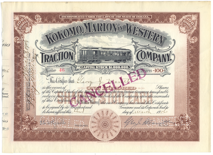 Kokomo, Marion and Western Traction Company Stock Certificate