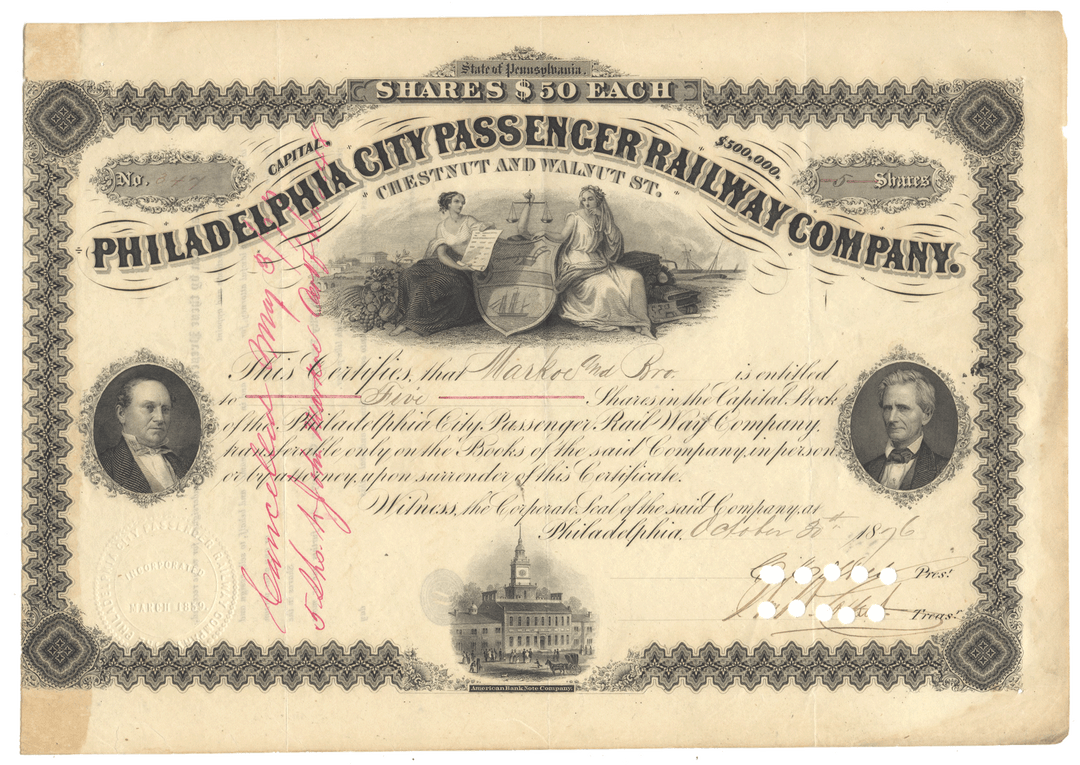 Share certificate of the Philadelphia City Passenger Railway Company from 1876