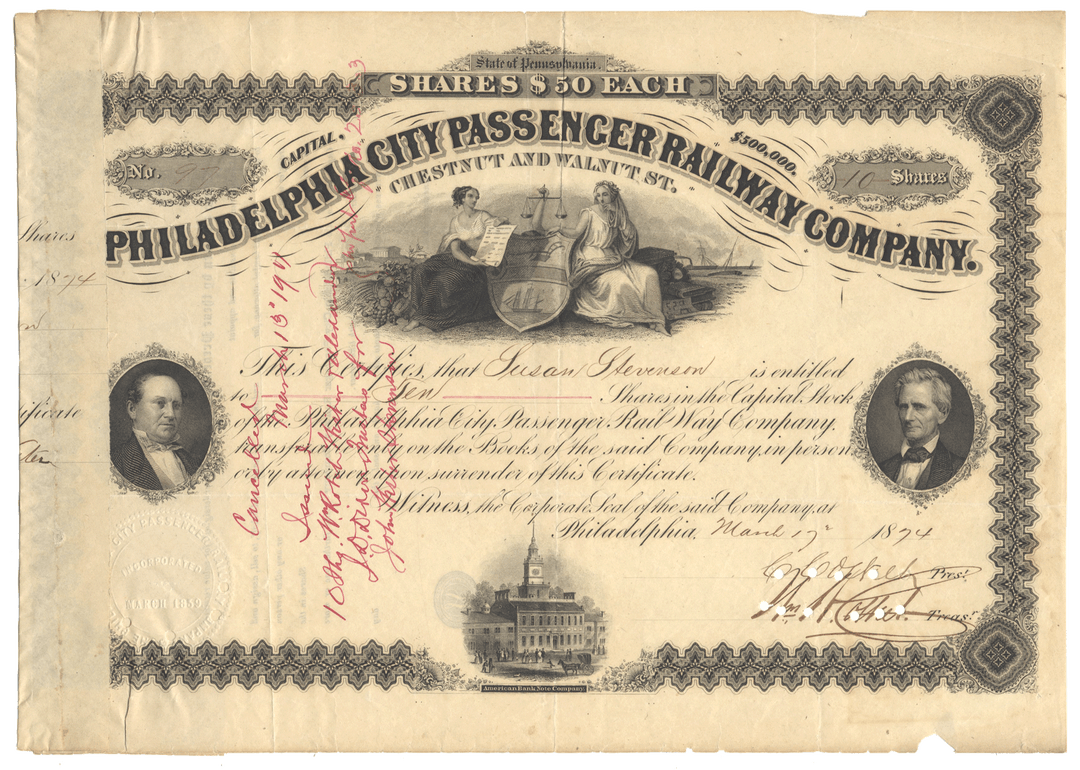 Vintage stock certificate of the Philadelphia City Passenger Railway Company with illustrations and text from 1871