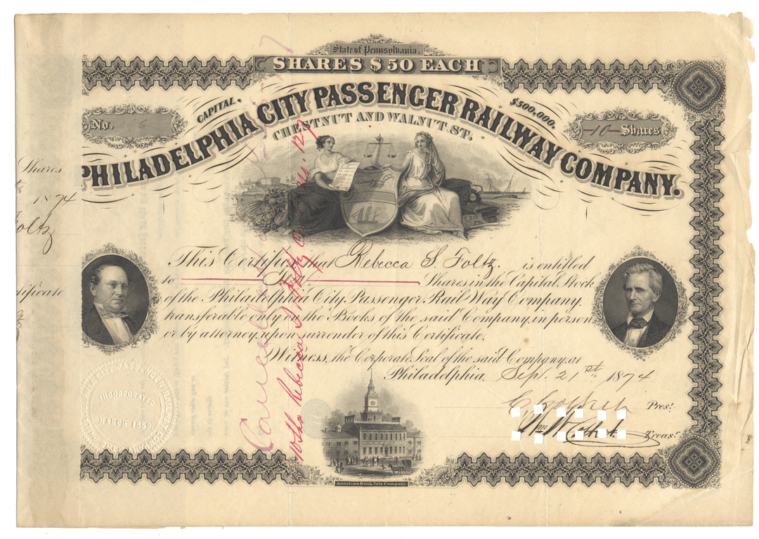 An antique Philadelphia City Passenger Railway Company stock certificate from 1874