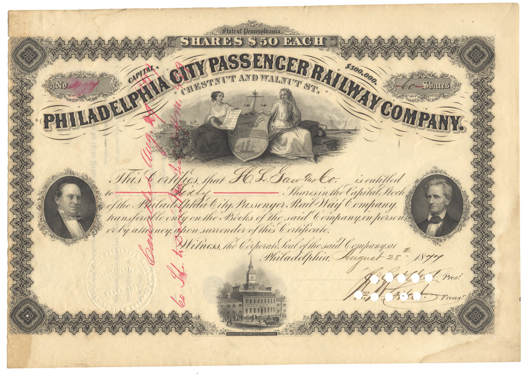 Share certificate of the Philadelphia City Passenger Railway Company from 1877