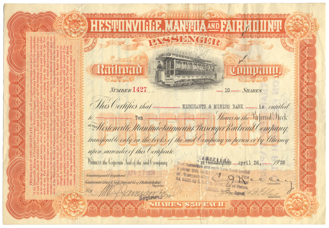 Hestonville, Mantua and Fairmount Passenger Railroad Company Stock Certificate