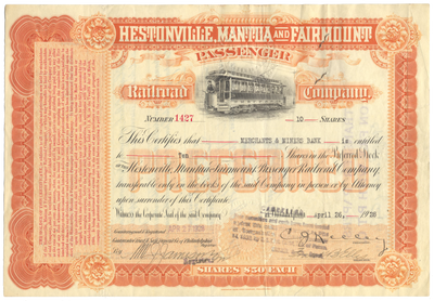 Hestonville, Mantua and Fairmount Passenger Railroad Company Stock Certificate