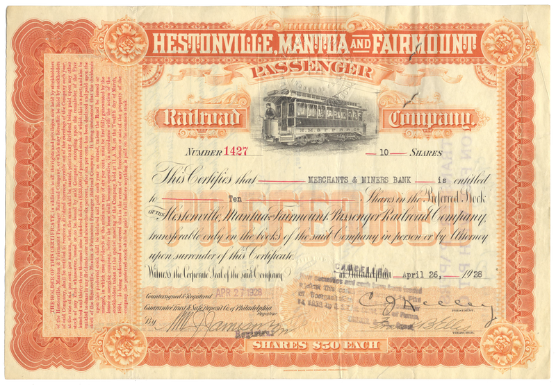 Hestonville, Mantua and Fairmount Passenger Railroad Company Stock Certificate