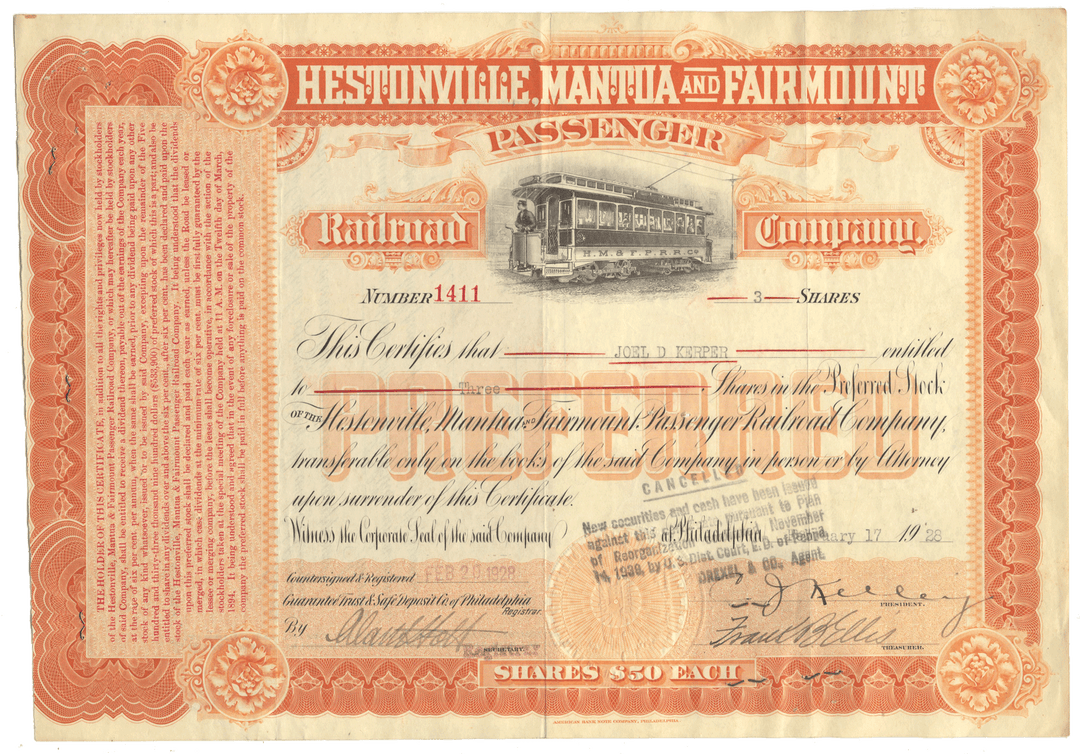 Hestonville, Mantua and Fairmount Passenger Railroad Company stock certificate from 1920