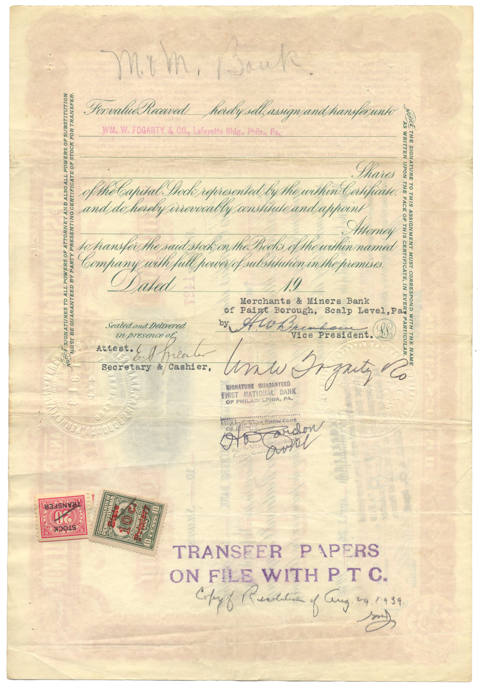 Hestonville, Mantua and Fairmount Passenger Railroad Company Stock Certificate