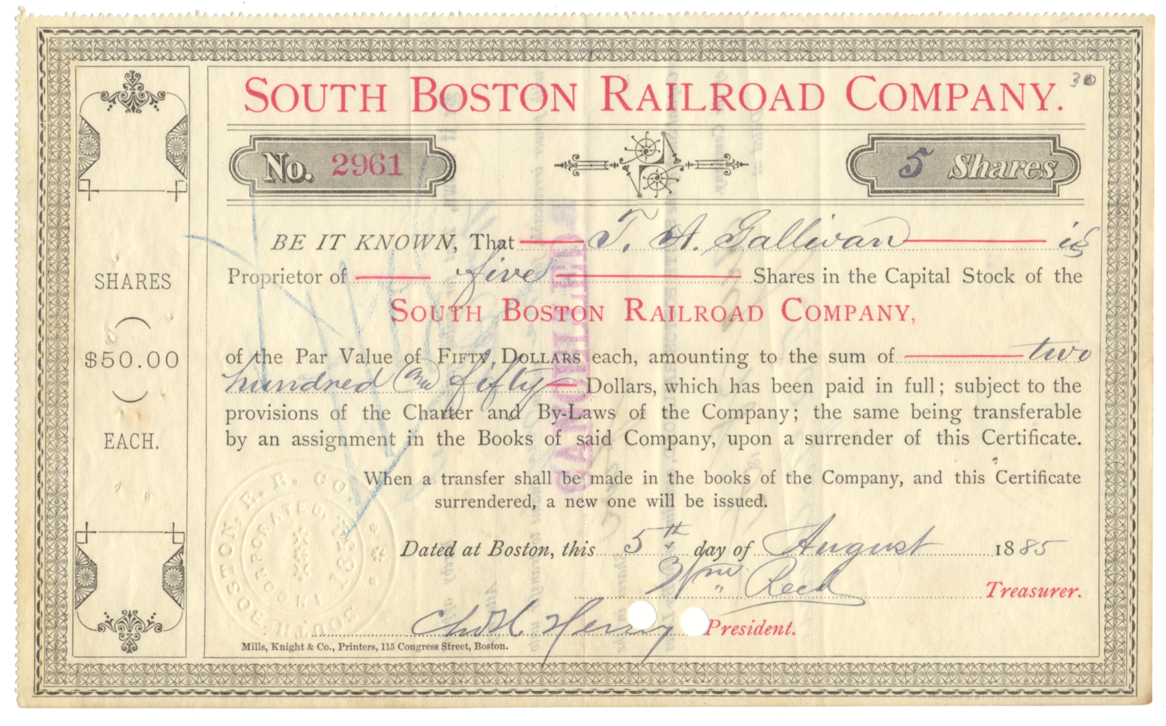 South Boston Railroad Company Stock Certificate